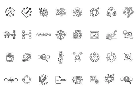 Set of blockchain and cryptocurrency line icons Stock Illustration