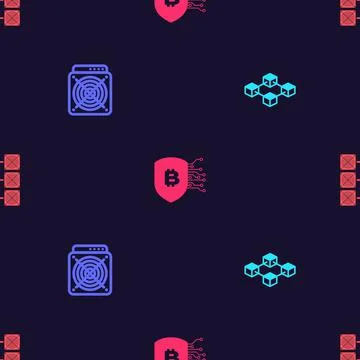 Set Blockchain technology, ASIC Miner, Shield with bitcoin and Mining farm on Illustrazione stock