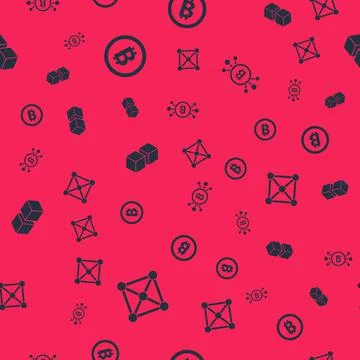 Set Blockchain technology, Bitcoin, and circuit on seamless pattern. Vector Illustrazione stock