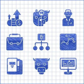 Set Blockchain technology Bitcoin, Bull market, Computer with growth graph Illustrazione stock