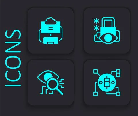 Set Blockchain technology Bitcoin, Cloud database, Cyber security and Eye scan Illustrazione stock
