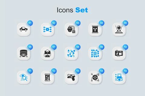 Set Blockchain technology Bitcoin, Cloud database, Neural network, Eye scan.. Stock Illustration