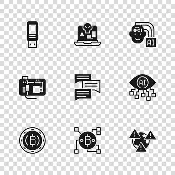 Set Blockchain technology Bitcoin, Computer vision, Earth with exclamation .. Illustrazione stock