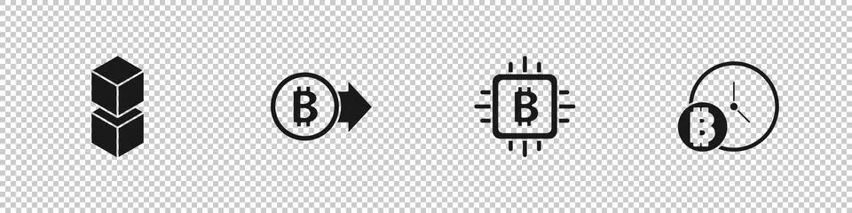 Set Blockchain technology, Bitcoin, CPU mining farm and with clock icon. Vector Stock Illustration