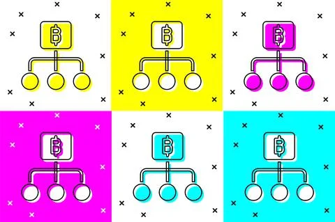 Set Blockchain technology Bitcoin icon isolated on color background. Abstract Illustrazione stock