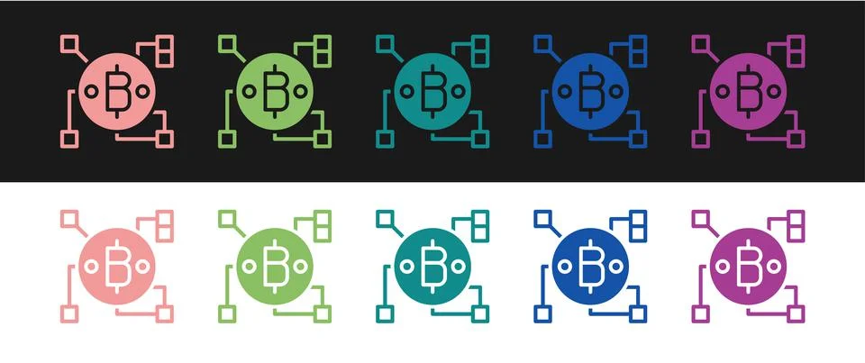 Set Blockchain technology Bitcoin icon isolated on black and white background イラスト素材