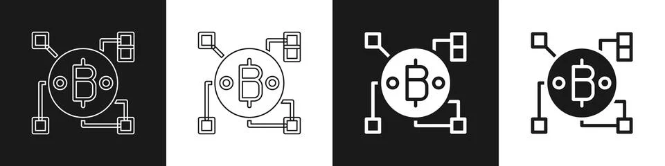 Set Blockchain technology Bitcoin icon isolated on black and white background Stock Illustration