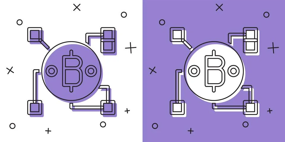 Set Blockchain technology Bitcoin icon isolated on white and purple background Illustrazione stock