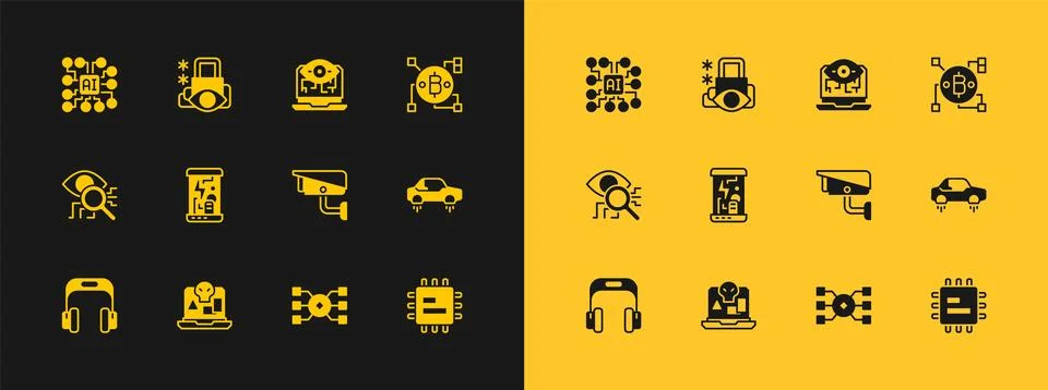 Set Blockchain technology Bitcoin, Internet piracy, Security camera, Neural.. Stock Illustration
