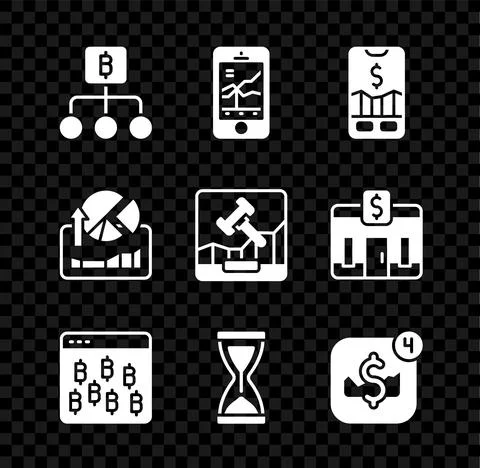 Set Blockchain technology Bitcoin, Mobile stock trading, browser, Old hourglass Stock Illustration