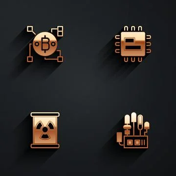 Set Blockchain technology Bitcoin, Processor CPU, Radioactive waste barrel and Illustrazione stock