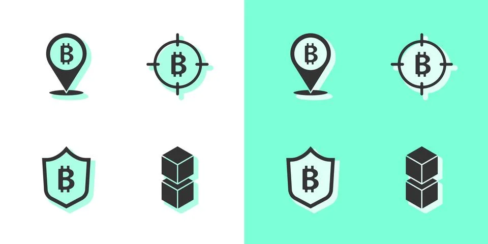 Set Blockchain technology, Bitcoin, Shield with bitcoin and the target icon Illustrazione stock