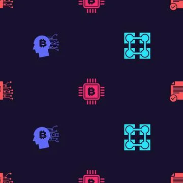 Set Blockchain technology, Bitcoin think, CPU mining farm and Smart contract on 스톡 일러스트