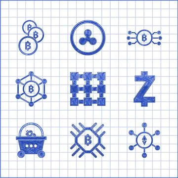 Set Blockchain technology, CPU mining farm, Ethereum ETH, Cryptocurrency coin Illustrazione stock