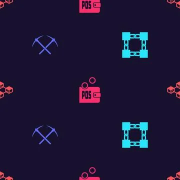 Set Blockchain technology, Crossed pickaxe, Proof of stake and  on seamless p Stock Illustration