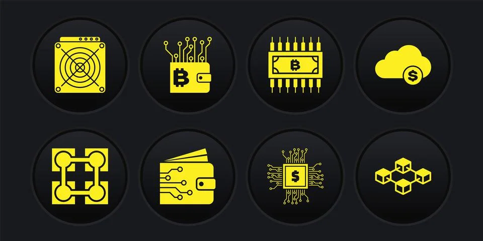 Set Blockchain technology, Cryptocurrency cloud mining, wallet, Processor chip Stock Illustration