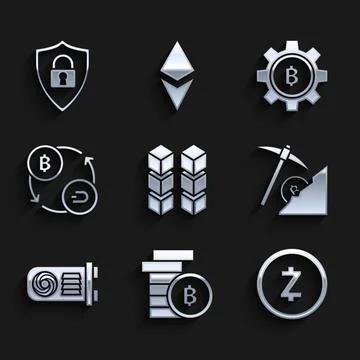 Set Blockchain technology, Cryptocurrency coin Bitcoin, Zcash ZEC, cloud mining Illustrazione stock