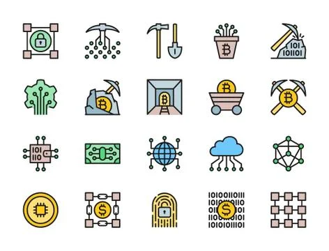 Set of Blockchain Technology Flat Color Icons. Pack of 48x48 Pixel Icons 스톡 일러스트