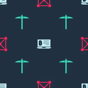 Set Blockchain technology, Mining bitcoin from laptop and Pickaxe on seamless Illustrazione stock
