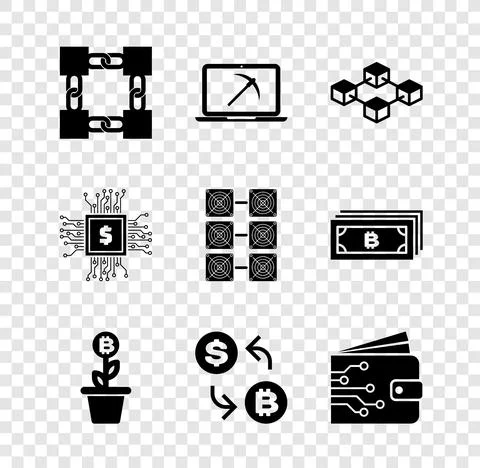 Set Blockchain technology, Mining with laptop and pickaxe, , Bitcoin plant the 스톡 일러스트