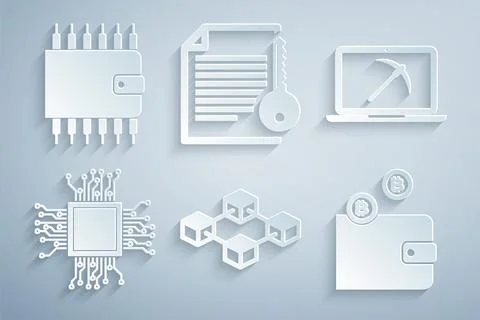 Set Blockchain technology, Mining with laptop and pickaxe, Processor Stockillustratie