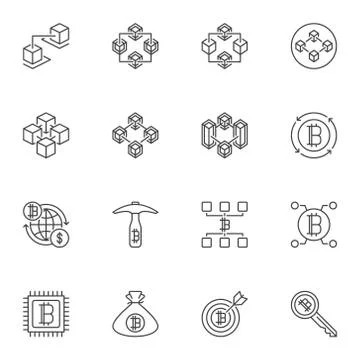 Set of Blockchain Technology outline vector icons or signs 库存插图