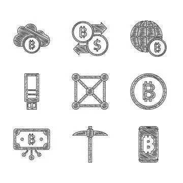 Set Blockchain technology Pickaxe Mining bitcoin from mobile Bitcoin with cir 스톡 일러스트