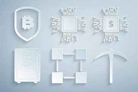 Set Blockchain technology, Processor chip with dollar, Proof of stake, Pickaxe Stockillustratie