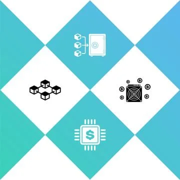 Set Blockchain technology, Processor chip with dollar, Proof of stake and ASIC Stock Illustration