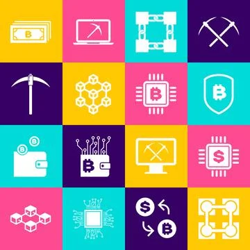 Set Blockchain technology, Processor chip with dollar, Shield bitcoin, , an.. Illustrazione stock