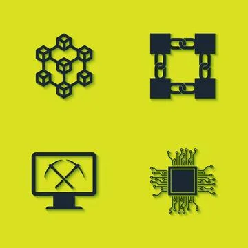 Set Blockchain technology, Processor, Mining with monitor and pickaxe and  ic Stockillustratie