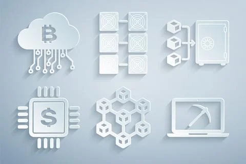 Set Blockchain technology, Proof of stake, Processor chip with dollar, Mining Illustrazione stock