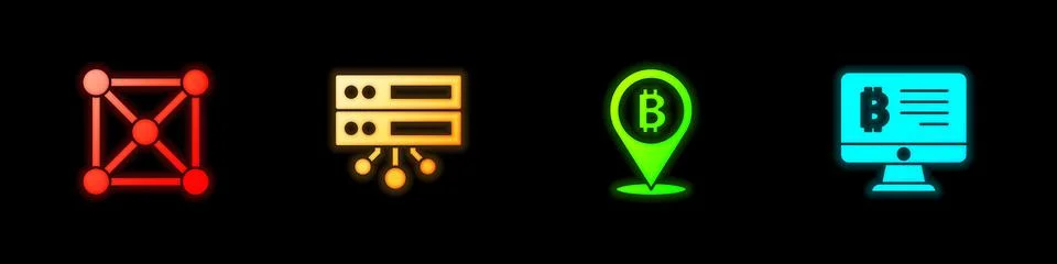 Set Blockchain technology, Server, Bitcoin and Mining bitcoin from monitor icon Stock Illustration