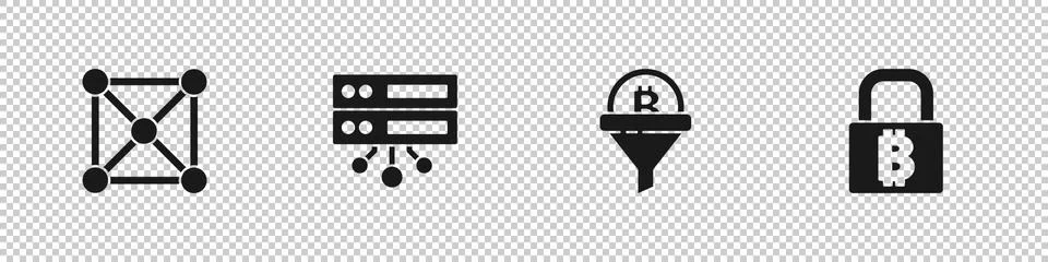 Set Blockchain technology, Server, Sales funnel with bitcoin and Lock icon Illustrazione stock
