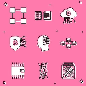 Set Blockchain technology, Smart contract, Cryptocurrency cloud mining, Shield Illustrazione stock