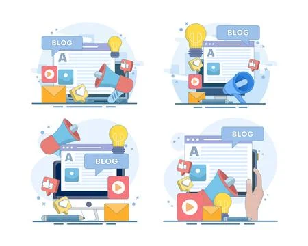 Set of blogging, creative writing, and content management flat vectors Stock Illustration