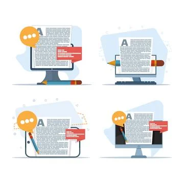 Set of blogging illustrations showing content creation process Illustrazione stock