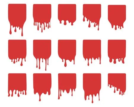 Set of blood drip square labels. Paint drip stickers. Red paint liquid. Red.. Stock Illustration