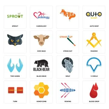 Set of blood drop, rowing, turn, wolf, two hands, strike out, , sprout icons Free Stock Illustration