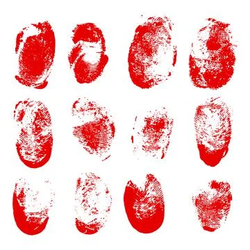 Set of blood fingerprints. Vector red stains of fingers. Stock Illustration