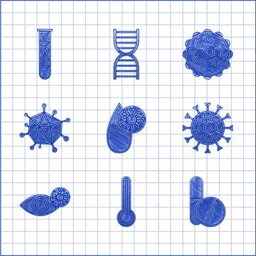 Set Blood test and virus, Medical thermometer, Medicine pill or tablet, Virus Stock Illustration