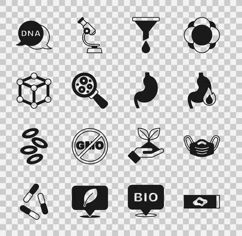 Set Blood test and virus, Medical protective mask, Stomach heartburn, Funnel or Stock Illustration