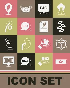 Set Blood test and virus, Molecule, Hemoglobin, Bio healthy food, Leaf or l.. Stock Illustration