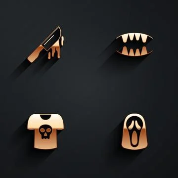 Set Bloody knife, Vampire teeth, Shirt with skull and Funny and scary ghost mask Stock Illustration