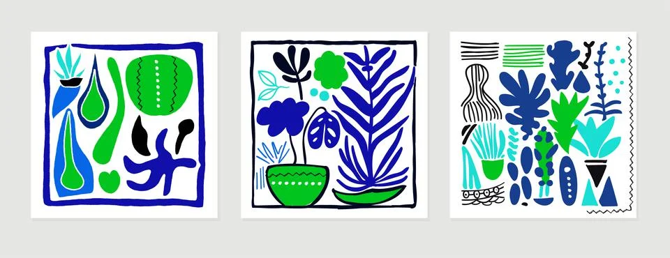 Set of blue abstract plants forms and shapes Stock Illustration