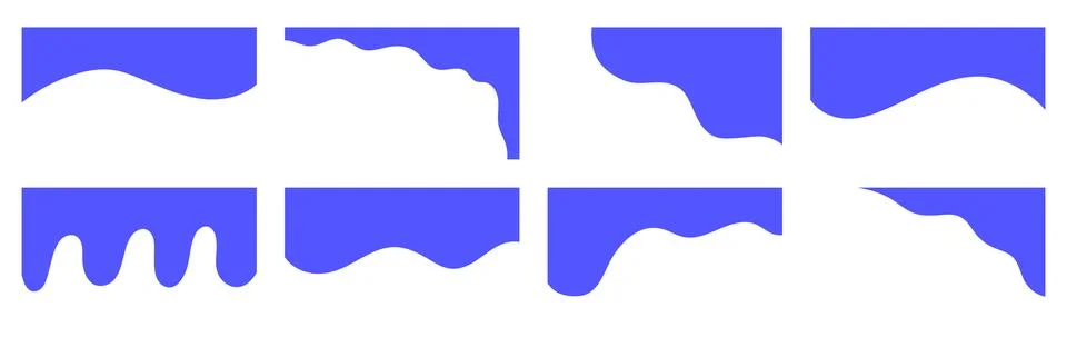 Set of blue abstract wave and drip border shapes. Collection of fluid edge te Stock Illustration