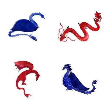 Set of blue and red dragons. Fairy tale characters. Isolated watercolor Stock Illustration