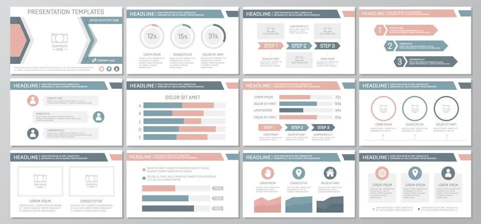 Set of blue and red elements for multipurpose presentation template slides with 库存插图