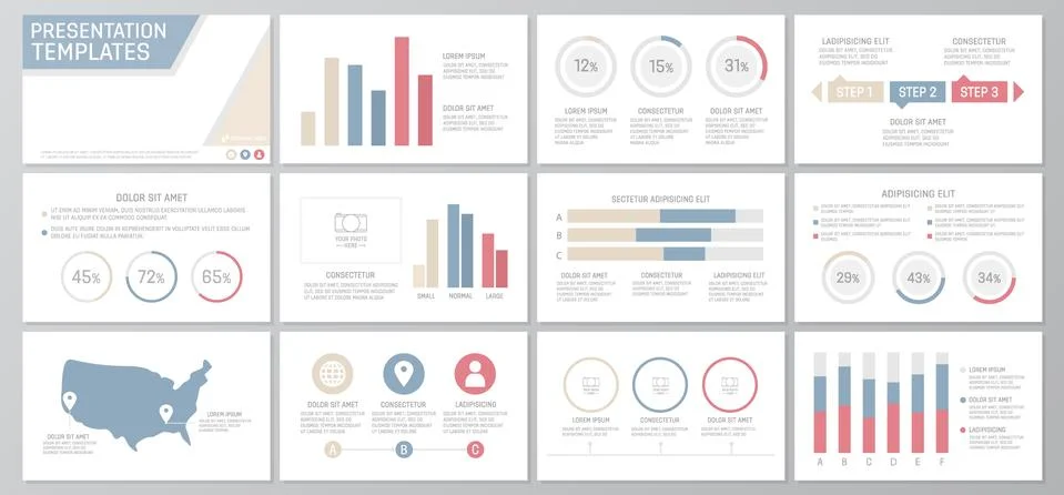 Set of blue and red elements for multipurpose presentation template slides with 스톡 일러스트