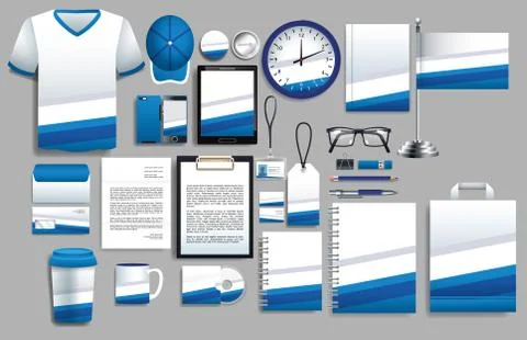 Set of blue and white elements with stationery templates Illustrazione stock